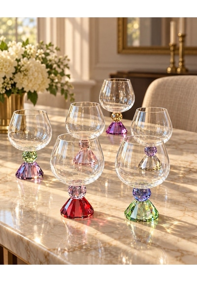 Toygar Asorti Çift Kat Kristal Top Ayaklı Cam Kadeh 250 Cc 6'lı Set Çok Renkli