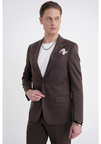 Efor Slim Fit Mono Yaka %97 Tencel Kumaş Çift Yırtmaç Esnek Kahverengi Takım Elbise Tk 941