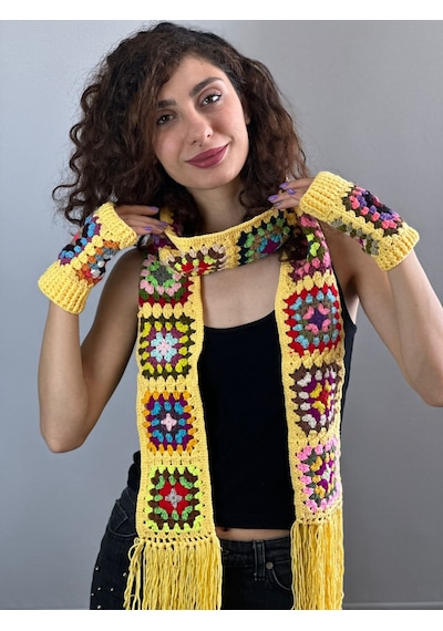 Gönülden Tasarım El Örgüsü Etnik Motif Desenli Atkı Eldiven Set Atkı 180 Cm Sarı
