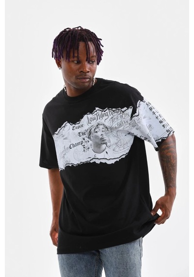 Ertaştrendstore Erkek Bisiklet Yaka Baskılı Oversize T-shirt - Siyah Çok Renk