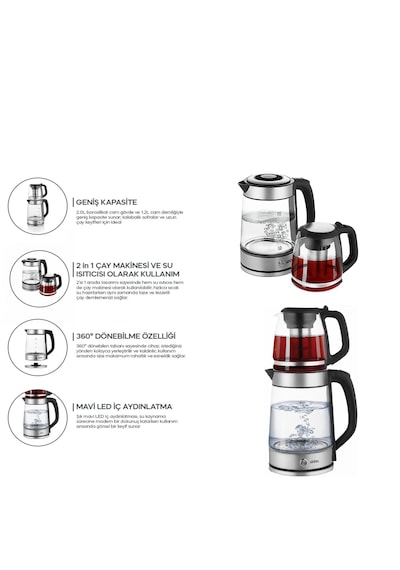 2in1 Çaycı - Kettle Çelik Elektrikli Çay Makinesi 2lt + 1,2lt Çay Süzgeçli 360 Dönebilir Stm-5990