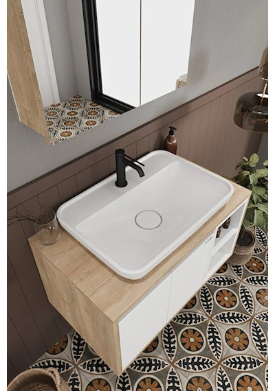Lale Beyaz 80 Cm %100 Mdf Lavabolu Banyo Dolabı + Aynalı Dolap Beyaz Meşe Lale Beyaz 80 Cm %100 Mdf Lavabolu Banyo Dolabı + Aynalı Dolap Beyaz Meşe