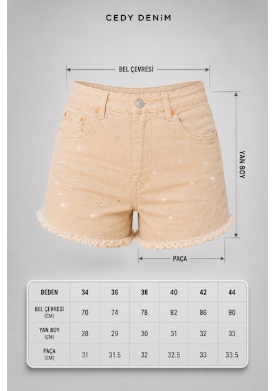 Cedy Denim Cedy Denım- Özel Tasarım Taş Detaylı Likralı Püsküllü Kadın Denim Şort E7019 Bej