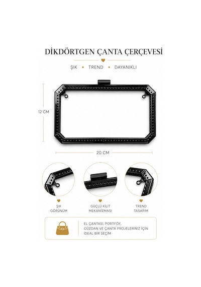 Vollen Yarn Metal Dikdörtgen Çanta Çerçevesi 20x12 Cm Kilitli Çanta Bursu El Çantası Portföy Çanta Aparatı Siyah