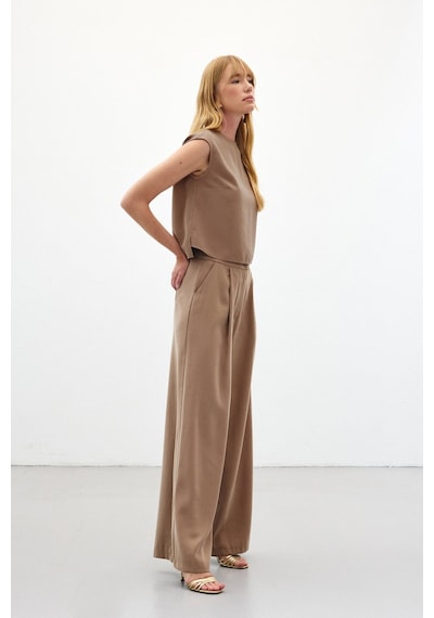 Sateen Geniş Paça Pantolon - Vizon-136452 Vizon