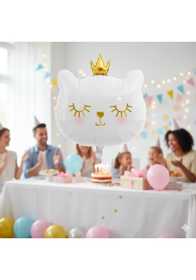 30 İnç Beyaz Kedi Kafası Taçlı Folyo Balon - Doğum Günü Parti Dekorasyon Balonu Çok Renkli