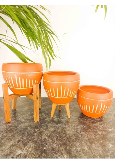 BİTKİ TASARIMI EV DEKORASYON DİK ÇİZGİ DESENLİ TERRAKOTA TOPRAK SAKSI SAKSILIK SALON ÇİÇEKLİK ÜÇLÜ SET - 15 CM