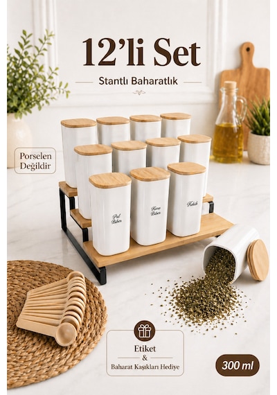 12'li 300 Ml Bambu Stantlı Vakumlu Ahşap Kapaklı Porselen Görünümlü Akrilik Baharatlık Kaşık Etiket Şeffaf