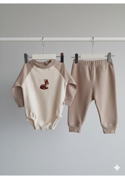 Luppinos Baby Deer Unisex 2li %100 Pamuk Nakışlı İki İplik Alt Üst Takım Bej - Camel