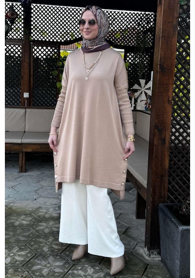 Rabia Şamlı Sevda Triko Tunik Bej Çok Renkli