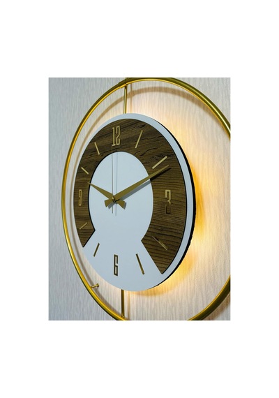 Pey Aksesuar 50x70 Cm Metal Ahşap Ve Işığın Muhteşem Uyumu Duvar Saati Dekoratif Ahşap-m54-gold-beyaz-keçe-gold