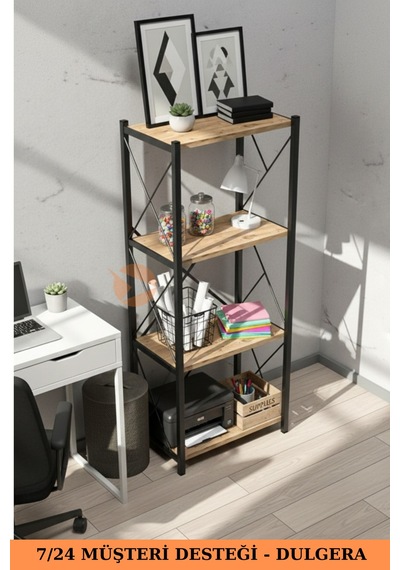 Fourty 4 Raflı Metal Dar Tekli Kitaplık Dekoratif Ofis Salon Rafı 124 Cm Çam