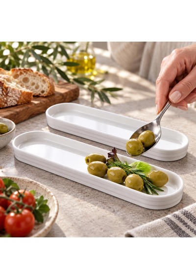 Porselen Oval Tabak 2'li Set, 26,2 7 1,9 Cm, Beyaz İnce Uzun Zeytinlik, Kahvaltılık Peynir Meze Ve Atıştırma Diğer