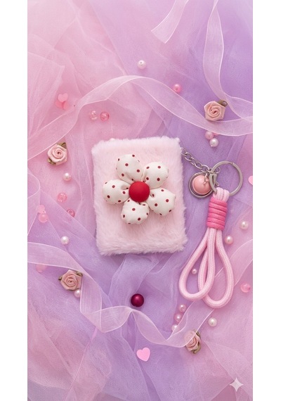 Pembe Peluş Beyaz Çiçek Tasarımlı Çift Taraflı Katlanabilir Cep Aynası Makyaj Aynası Çanta Aksesuarı Çok Renkli