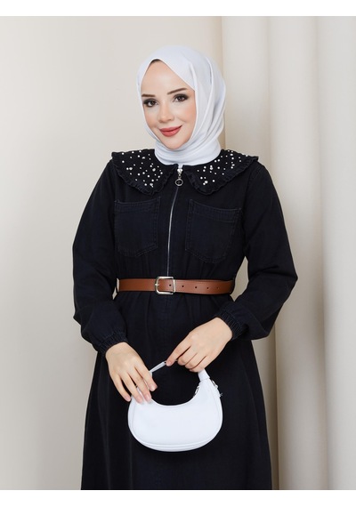 Hb Harma Time Butik Kadın Taş Detaylı Fermuarlı Kemerli Tesettür Kot Siyah Elbise Hb Harma Time Butik Kadın Taş Detaylı Fermuarlı Kemerli Tesettür Kot Siyah Elbise