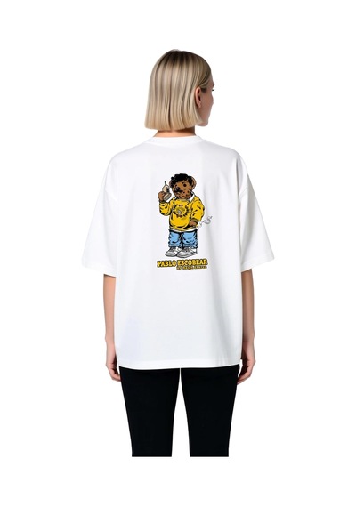 Paybuy Karikatür Ayı Parodisi Tasarımı Baskılı Kadın Oversize Tişört Beyaz