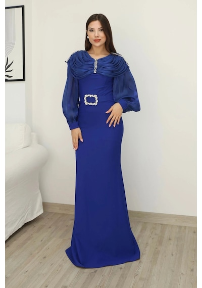 Lodmela Omuz Drapeli Abiye Elbise 2314-saks Saks