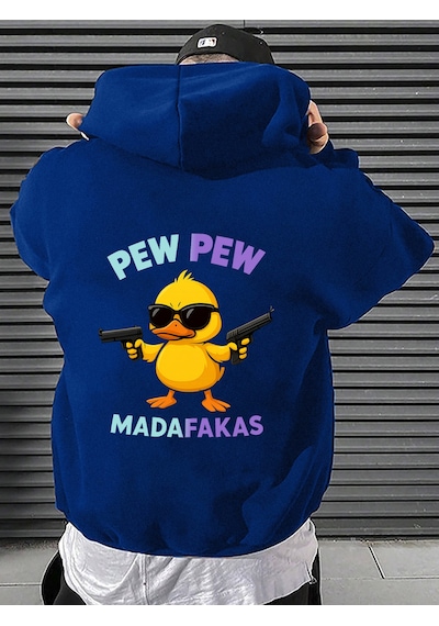 Uyguntarz Unisex Pew Pew Karikatur Baskılı Tasarım Oversize Sweatshirt Mavi