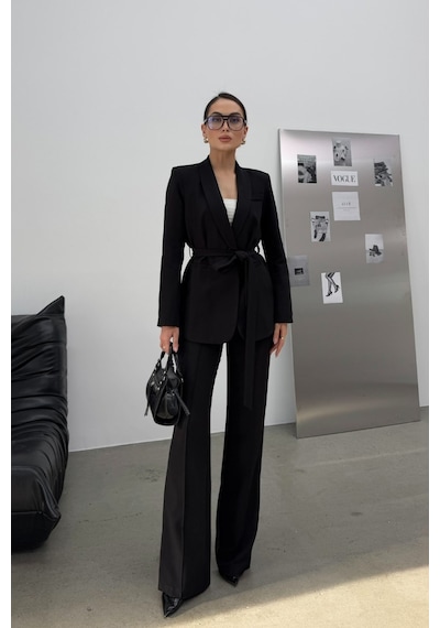 Msm Fashion Kadın İkili Kuşaklı Blazer Ceket Pantolon Takım Siyah