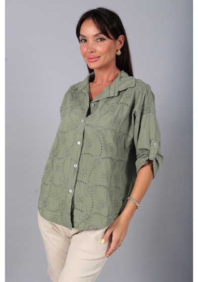 By Saygı Kadın İtalyan Cotton Mini Çiçek Nakış İşlemeli Gömlek Haki