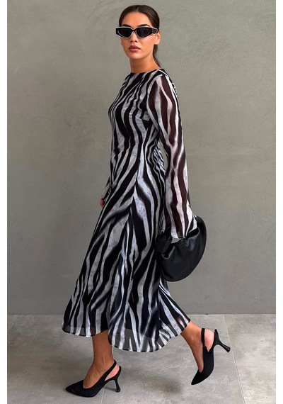 Madmext Gri Zebra Desenli Şifon Midi Elbise Mg2854