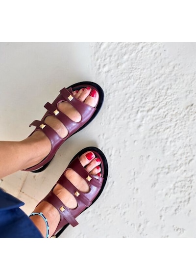 Ne&ve Shoes Bordo Hakiki Deri Gold Aksesuarlı Günlük Rahat Sandalet