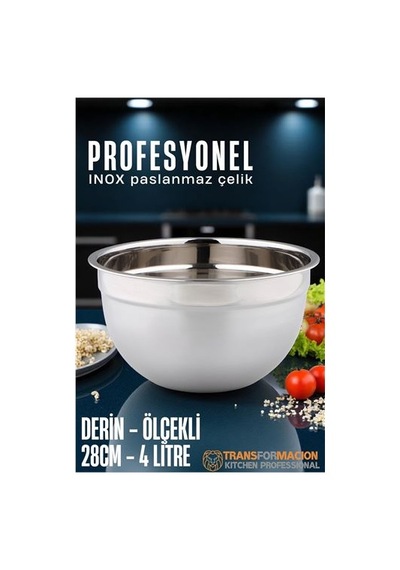 Inox Ölçekli Derin Kase - 28 Cm 4 Litre Karıştırma Kabı Profesyonel 304 Paslanmaz Çelik 721844 Paslanmaz Çelik Gümüş Ve Siyah