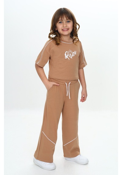 Toontoy Kids Toontoy Kız Çocuk Queen Baskılı Crop Eşofman Takım Kahve