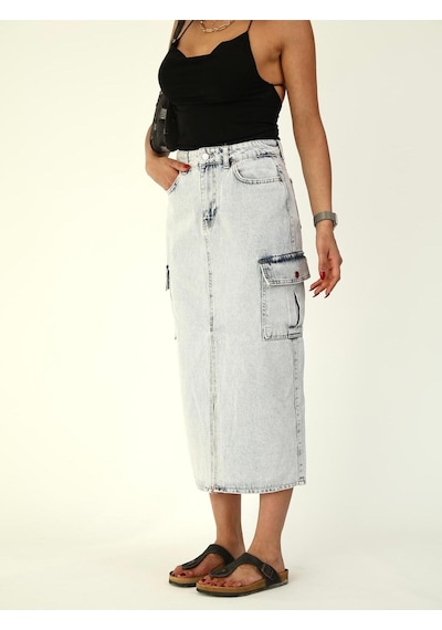 Zeo Basic Kargo Cep Detaylı Yırtmaçlı Maxi Denim Etek Mavi