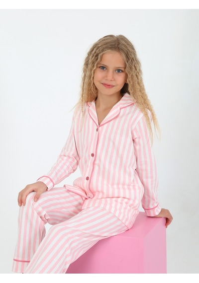 Kız Çocuk Uzun Kollu %100 Pamuklu Düğmeli Pijama Takımı Pure Pembe