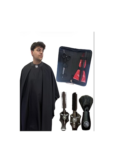 Deri Düğmeli Penuar, Koz01 Ense Fırçası,kozxx Fade Fırça,koz04 Tarak, Koz04 Saç Makası Kuaför Seti