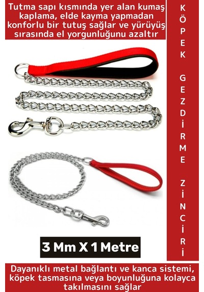 Ergonomik Tutuş Dayanıklı Küçük Orta Irk Evcil Hayvan Pet Köpek Gezdirme Zinciri 3 Mm X 1 Metre Çok Renkli
