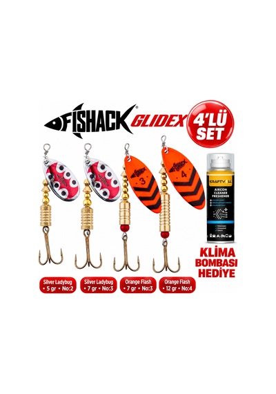 Fishack Glidex 4'lü Döner Kaşık Seti + Klima Bombası - Silver Ladybug 5 Gr No:2 + Silver Ladybug 7 Gr No:3 + Orange Flash 7 Gr No:3 + Orange Flash 12 Gr No:4