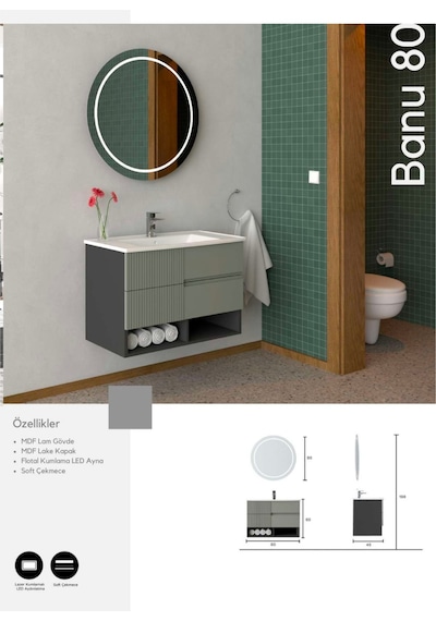Evros Banu 80 Cm Banyo Dolabı Yeşil