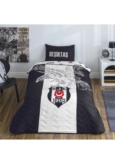 Taç Lisanslı Pamuklu Tek Kişilik Yatak Örtüsü Seti-beşiktaşkartal Siyah - Beyaz