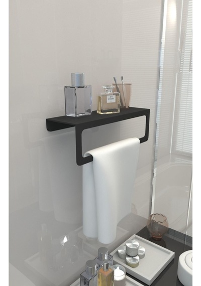 İcon Plus Havlu Tutacağı ,raf Metal Havlu Askısı, Mutfak Banyo Raflı Havluluk,modern Raflı Havluluk 30cm Siyah