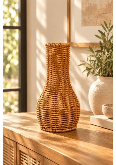 Atbyhome Doğal Hasır Rattan Çiçek Vazosu 27 Cm - Masa Üstü Dekoratif Bohem El Örgüsü Kuru Çiçeklik Vazo Kahverengi