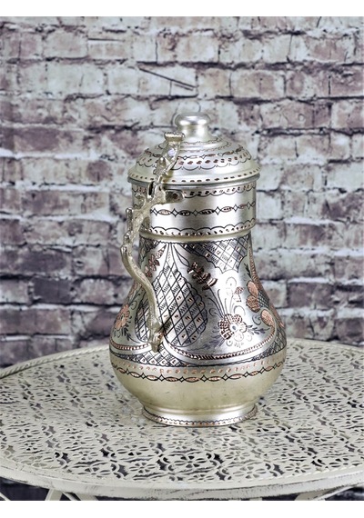 Gül Çiçek Kapaklı Gümüşlü İşlemeli Bakır Sürahi