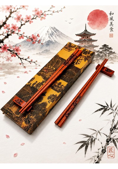 Valkyrie Doğal Ahşap Yemek Çubuğu Seti 2 Çift Ejderha Desenli Çubuk Tutacaklı Kutulu 22,9 Cm Chopstick Seti