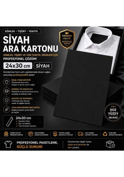Premium Siyah Gömlek Ara Kartonu 24x30 Cm 1000'li Kazak, Tişört Ve Tekstil Ürünleri İçin