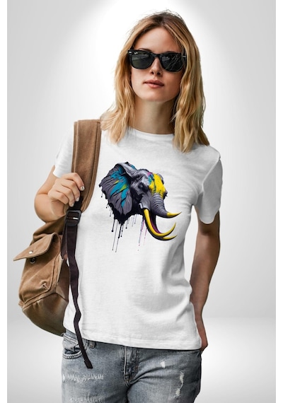 Renkli Fil Kafası Unisex Unisex Beyaz Organik Baskılı T-shirt Penye Yüksek Kalite Beyaz