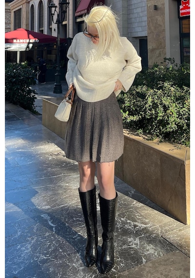Madmext Bej Ekose Desen Kadın Pileli Etek Mg2248 Bej