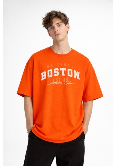 Misa Tahtakale Boston - Baskılı Oversize Tişört Turuncu Çok Renkli