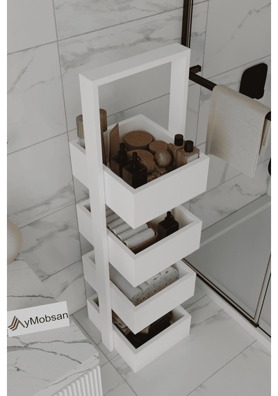 Multi Çok Amaçlı Banyo Rafı, Sepetli Çok Amaçlı Raf, 4 Raflı 120 Cm, Beyaz Beyaz