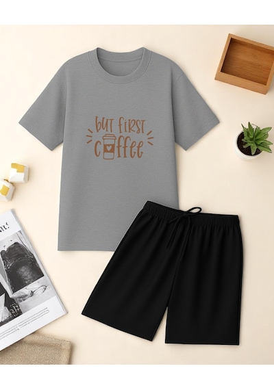 Uyguntarz But First Coffee Baskı Şort Takım Gri