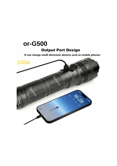 Or-g500 100w Ultra Güçlü Şarj Edilebilir El Feneri - Powerbank Özellikli, 1000 Metre Teleskopik Zoomlu Siyah
