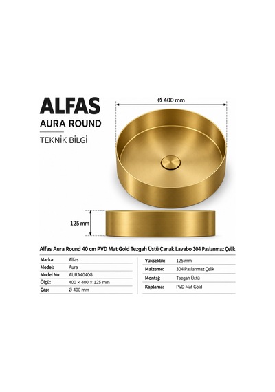 Alfas Aura Round 40 Cm Pvd Mat Gold Tezgah Üstü Çanak Lavabo 304 Paslanmaz Çelik