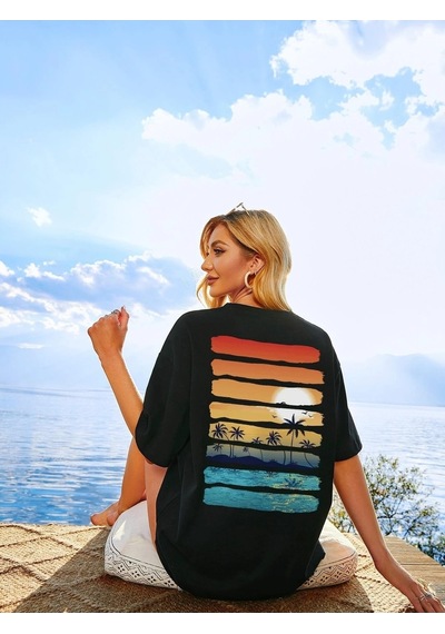 Kadın Örme Palm Tree Basklı Siyah %100 Pamuk T-shirt. Siyah