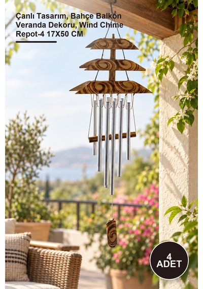 4 Adet Bambu Metal Rüzgar Çanı Çanlı Tasarım, Bahçe Balkon Veranda Dekoru, Wind Chime Repot-4 17x50 Cm
