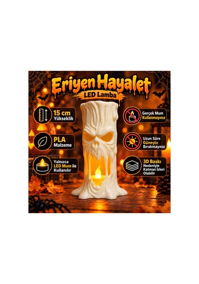 Eriyen Hayalet Led Mumlu Lamba 15 Cm - Dekoratif Halloween Gece Lambası Beyaz Beyaz